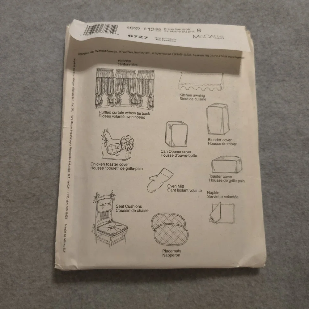 McCALL'S 6727 Kitchen Accessories Curtains Covers Cushions Awning Pattern -Uncut